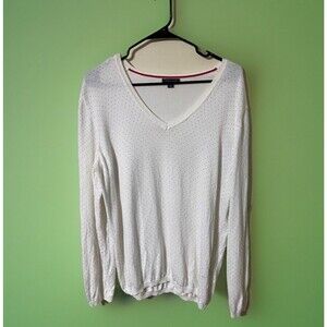 TOMMY HILFIGER WOMENS LIGHT SWEATER PULLOVER V-NECK POLKA DOT OFF WHITE SIZE L